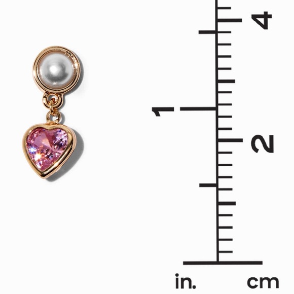 Claire's Gold-tone Faux Pearl and Pink Cubic Zirconia Heart Earrings - Picture 3 of 9